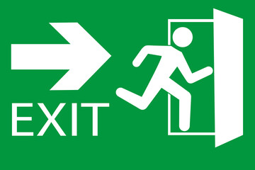 Safety vector symbol. Emergency exit sign. People running out fire exit. Running people and exit door sign. Escape help evacuation.