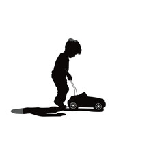 A kid races a toy car black vector silhouettes isolated