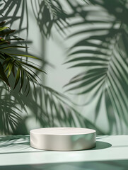 Minimal abstract background for the presentation of a cosmetic product. Premium podium with a shadow of tropical palm leaves on a pastel green wall. Generative Ai.
