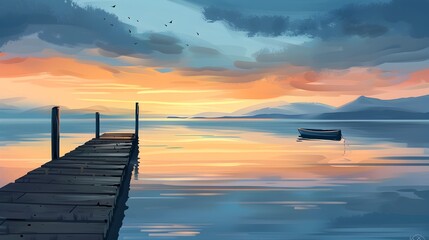 Obraz premium Serene Sunset over Tranquil Lake with Wooden Dock and Silhouetted Mountains