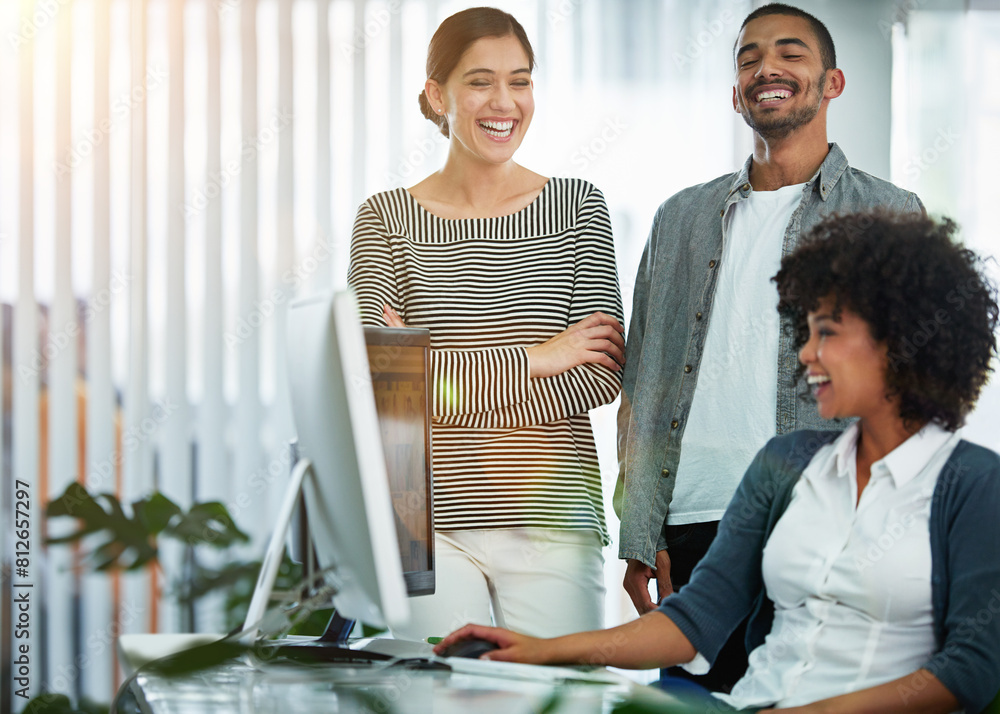 Poster People, office and happy with computer for teamwork and collaboration as web developers. Employee, support and smile with pride on skill development or career growth with laughing, fun and enjoy