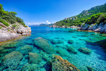 Turquoise Waters and Lush Greenery of a Secluded Mediterranean Cove, Perfect for Tranquil Retreats