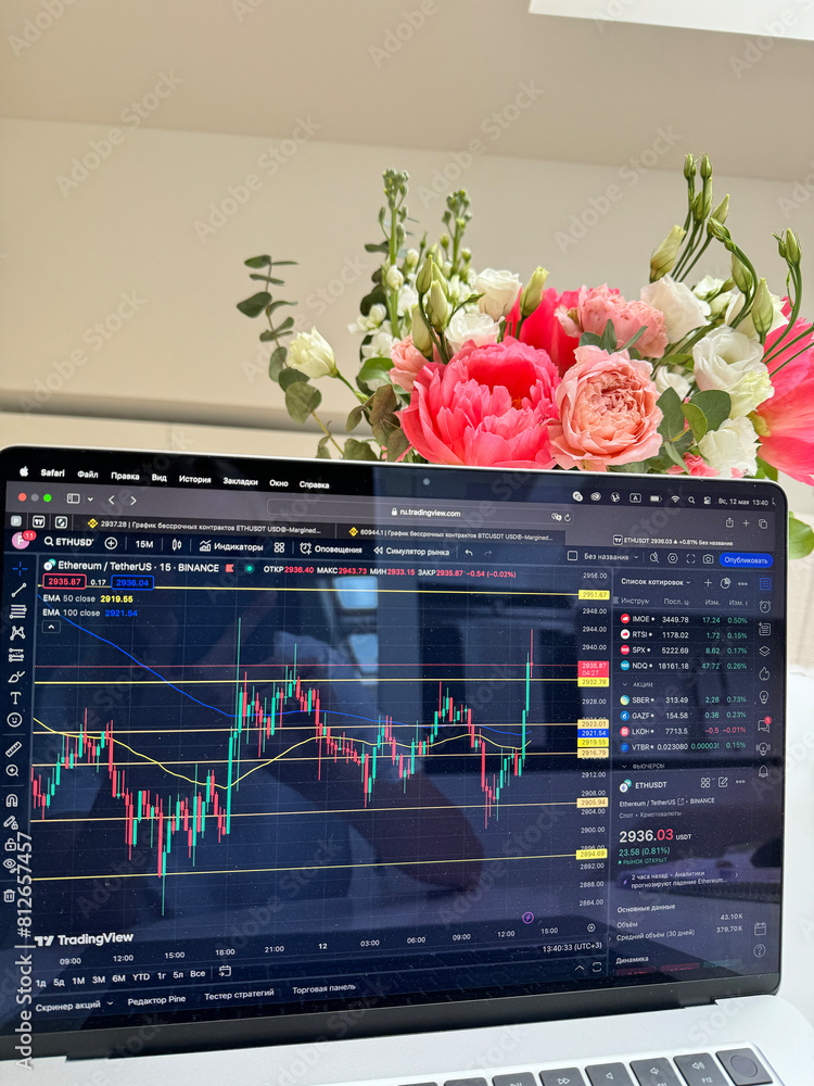 Poster homework, remote work, on the table on an open laptop with a weather graph, trading against the back