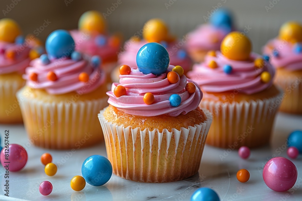 Poster an array of cupcakes with pink frosting and multicolored candy beads, visually delicious and temptin