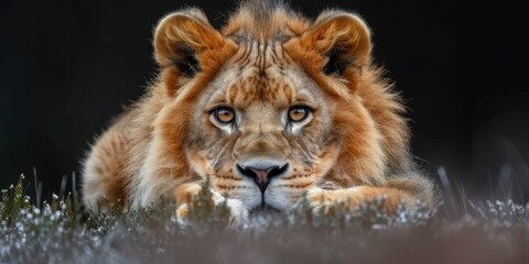 A lion resting in grass in close-up view