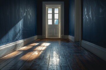 An empty room with sunbeams shining through the window onto hardwood floors, creating a dramatic atmosphere
