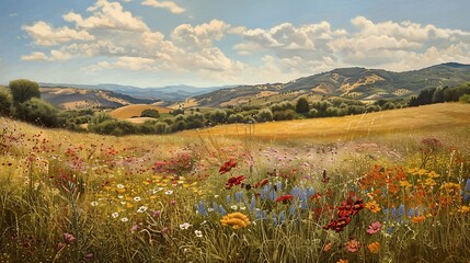 A picturesque countryside landscape with fields of colorful wildflowers and rolling hills in the distance.