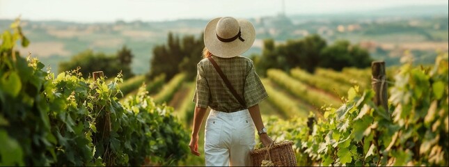 Process of wine growing during cultivation and harvesting. Growing vines for wine materials. Agricultural fields. Wine production place.