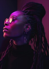 Portrait of an African American woman with glasses, purple lighting against a purple background.