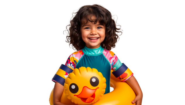 Joyful young girl with curly hair in a colorful swimsuit and arm floats, holding a yellow duck ring. Ideal for summer, vacation, and children's retail. PNG, transparent background.