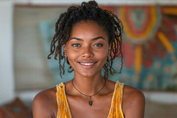 Young black woman with dreadlocks smiling in front of blurred wall with painting, for ads