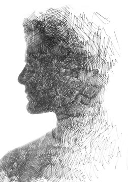 A graphical black and white profile silhouette paintography portrait of a man