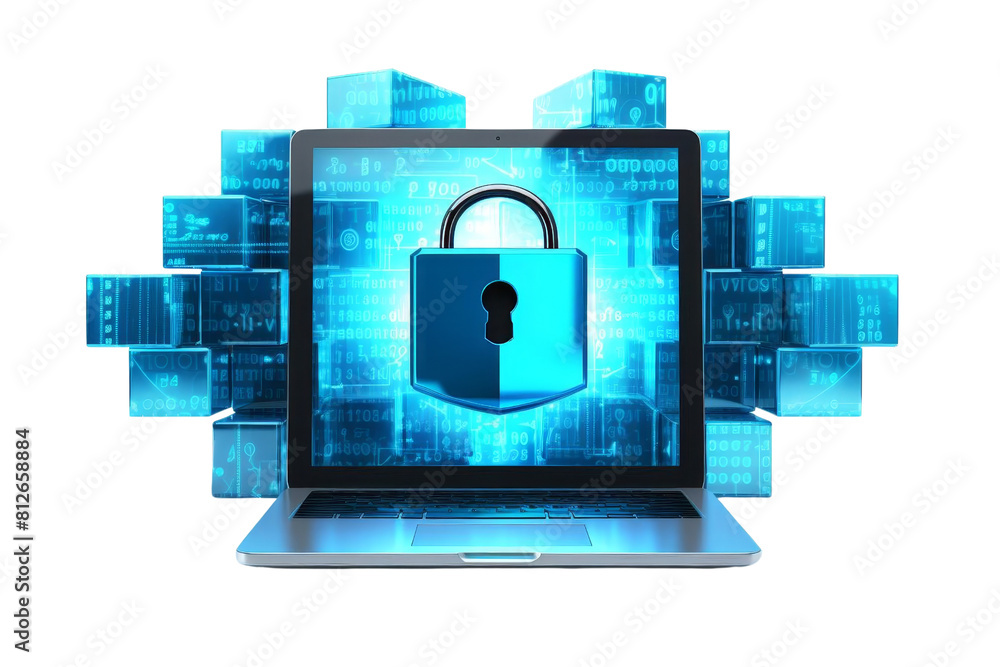 Poster a laptop screen shows a blue lock with a key on it. the lock is surrounded by a blue background with