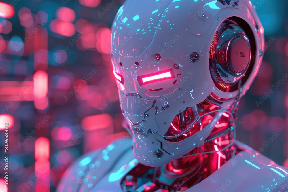 Poster close up of a robot's head with a red light. suitable for technology and sci-fi concepts