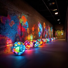 The image is a long, dark hallway with colorful balls on the floor that are lit up from above. The balls are all different colors.