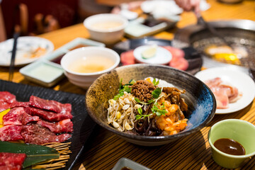 Korean kimchi with bean sprout in the rice bowl