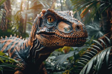 A hyper-realistic model of a Velociraptor with striking orange eyes set against a lush background of a dense, misty forest