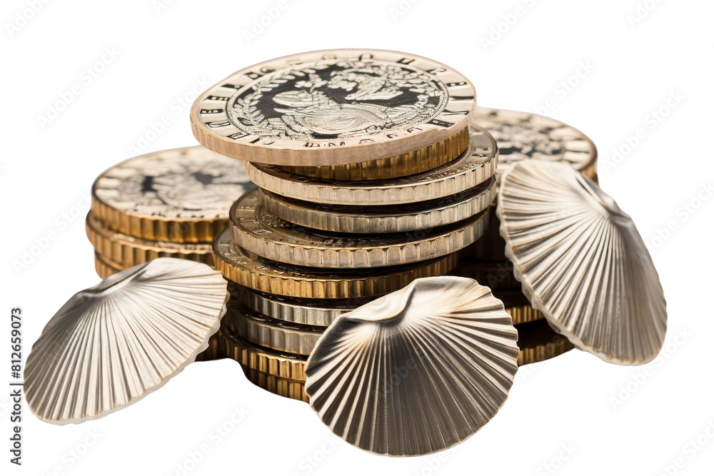 Poster a pile of coins with a shell on top. the coins are of different denominations and are stacked on top