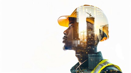 Double exposure portrait of an African American construction worker, merging with a vibrant city construction skyline in the background.
