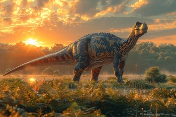 A visually striking image showcasing a dinosaur in a vibrant, sunlit prehistoric environment with...