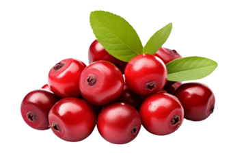 A bunch of red berries with green leaves on top. The berries are small and round, and they are piled on top of each other. The leaves are green and add a pop of color to the image
