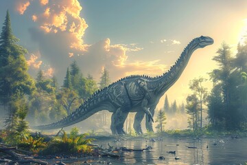 This digital creation captures a giant dinosaur in a watery forest scene bathed in soft, ethereal...