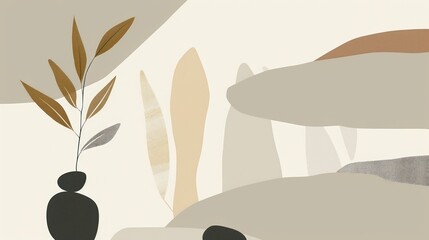 A minimalistic design of a vase with leaves against an abstract background that evokes a sense of simplicity