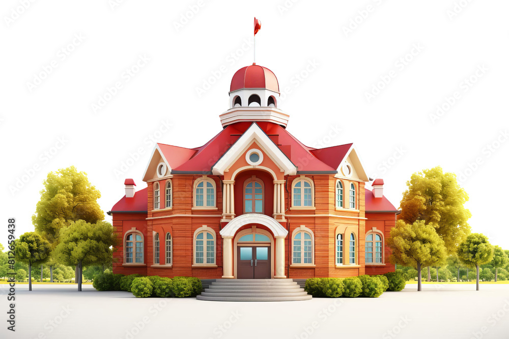 Poster a large red brick building with a red dome and a flag on top. the building has a lot of windows and 