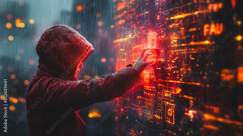 Aufkleber a man in a red hoodie is touching a glowing screen with a red button. concept of urgency and importa