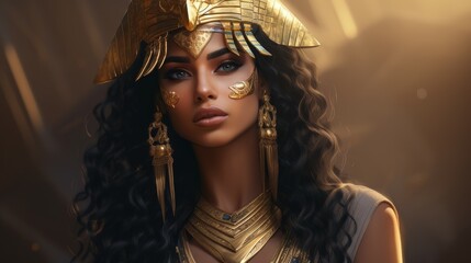 Young beautiful woman in the image of an ancient Egyptian queen on a dark background	
