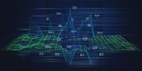 Abstract  background wireframe graph with data circles and lines on blue. Technology wireframe concept  in virtual space. Banner for business, science and technology data analytics. Big Data.