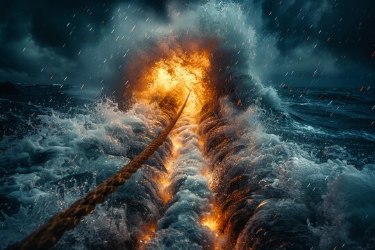 Dramatic scene of a rope leading to an intense fiery explosion, perhaps signifying danger or a critical event at sea