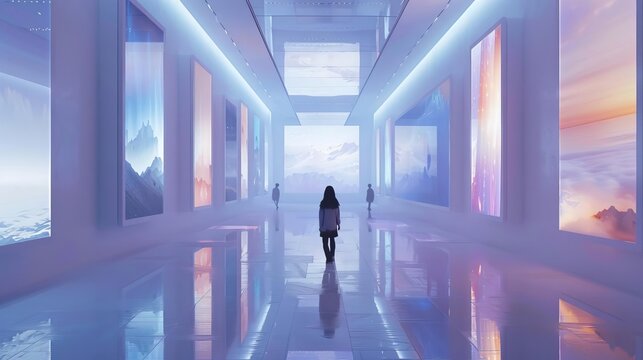 Conceptualize a futuristic museum where digital frames on the walls change their mockups based on viewer interaction