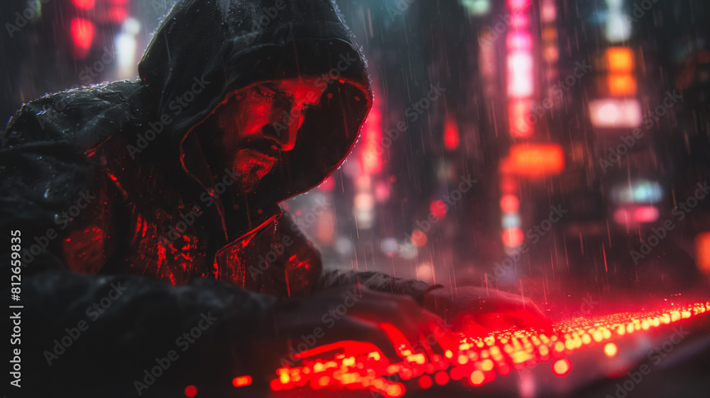 Poster a man is typing on a keyboard in a red lighted city. the image has a moody and mysterious feel to it