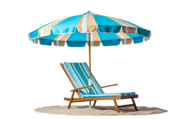 A blue and yellow striped beach umbrella is sitting on the sand next to a lounge chair. The umbrella is open and provides shade for the chair. The scene conveys a relaxed and leisurely atmosphere