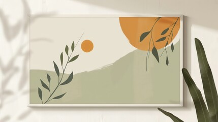 A framed wall art piece with abstract sun, hills, and plant elements casting a shadow on a wall, conveying a calm and natural atmosphere