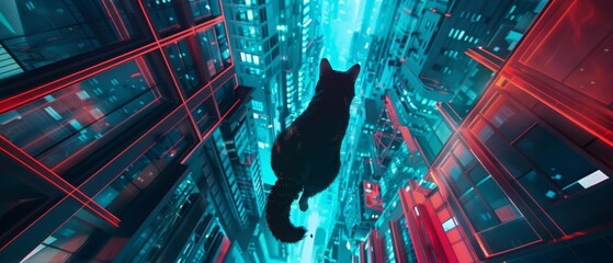 Animated cat running through a virtual cityscape in a top view, exploring a digital playground  Virtual cat chase  futuristic tone  Splitcomplementary color scheme