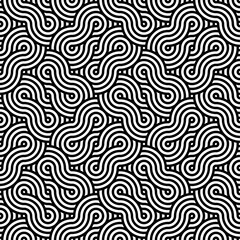 A complex and dense pattern consisting of interconnected, rounded lines in black and white. These lines form a series of abstract, wave-like shapes that weave seamlessly throughout the canvas