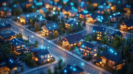 Conceptualize a residential area in a smart city with homes connected to a central energy management system to optimize power use