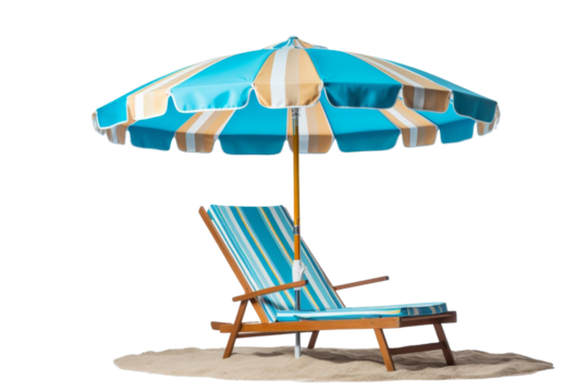 A blue and yellow striped beach umbrella is sitting on the sand next to a lounge chair. The umbrella is open and provides shade for the chair. The scene conveys a relaxed and leisurely atmosphere
