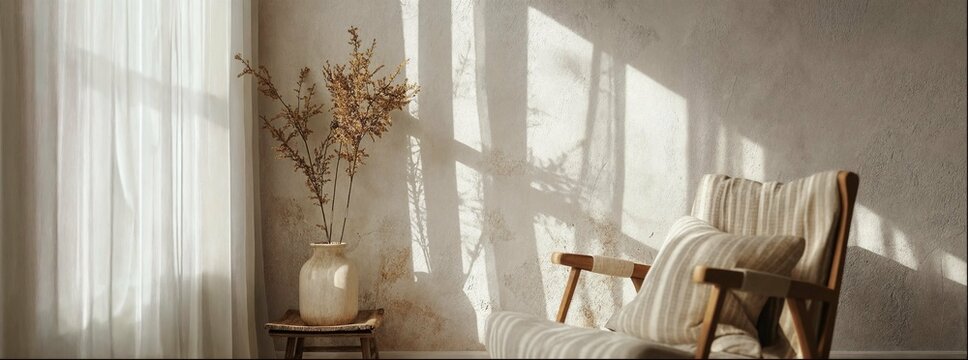 Minimalistic interior, a sunlighted spacy room. 