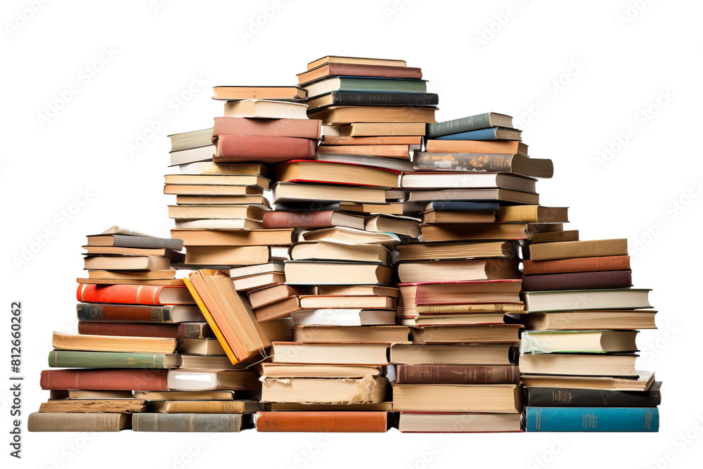 Poster a pile of books is stacked on top of each other. the books are of various sizes and colors, and they