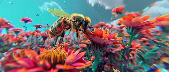Bee navigating through digital flowers on a virtual reality interface in a front view