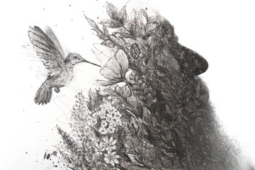 An artistic paintography profile of a bearded man merged with an ink painting