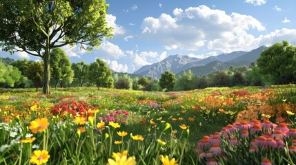 A range of floral fields and trees