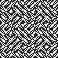 A complex and dense pattern consisting of interconnected, rounded lines in black and white. These lines form a series of abstract, wave-like shapes that weave seamlessly throughout the canvas