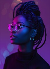 Portrait of an African American woman with glasses, purple lighting against a purple background.