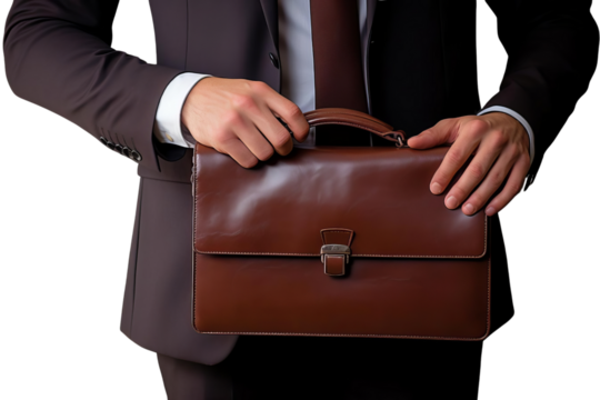 A man is holding a brown briefcase. The man is dressed in a suit and tie. The briefcase is brown and has a leather handle - Powered by Adobe