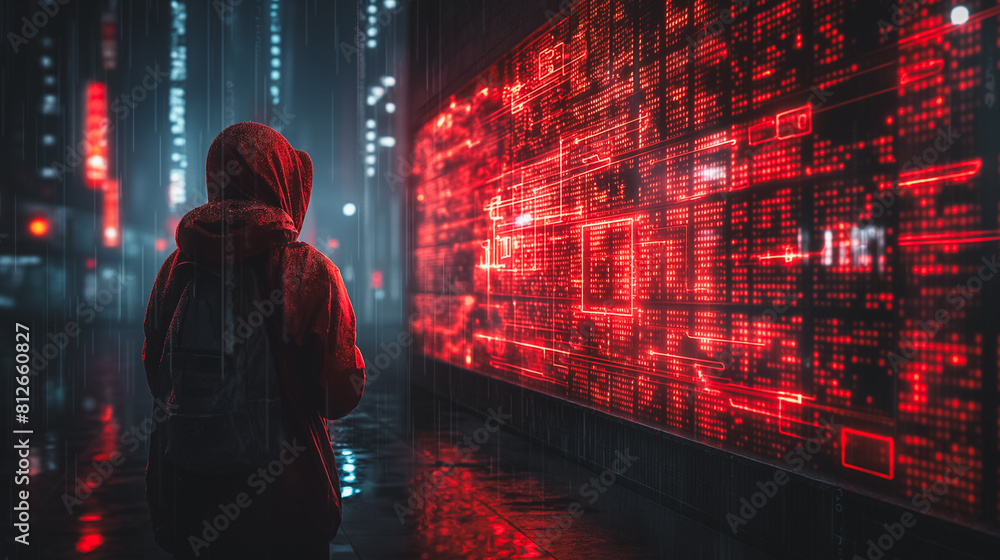 Poster a person is standing in the rain, looking at a large red screen with a lot of numbers on it. concept