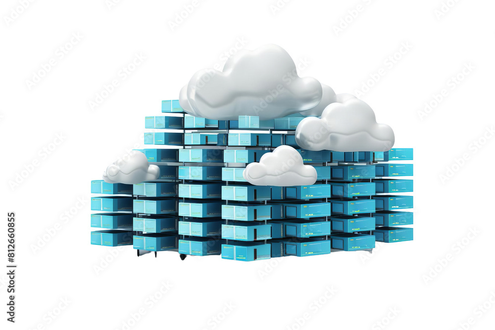 Poster a cloud of blue and white with a lot of blue boxes stacked on top of each other. the boxes are stack